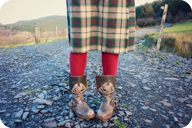 Thrift shop skirt and brown eagle boots