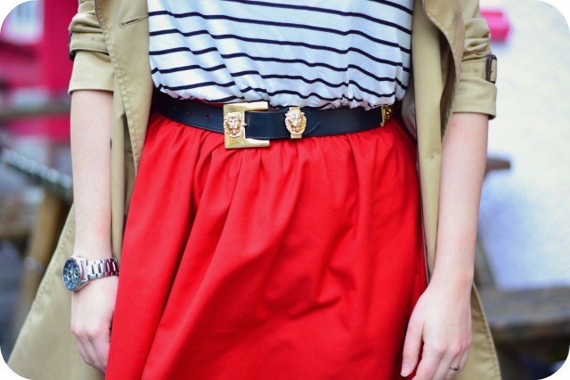 Red skater skirt and vintage lion belt