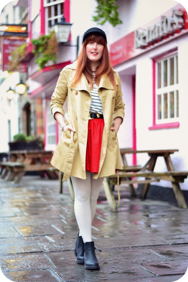 Trench coat, breton top and red skater skirt