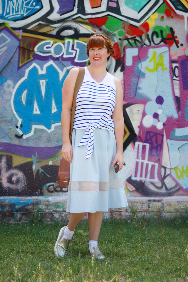 Zara stripe t-shirt and Topshop midi skirt