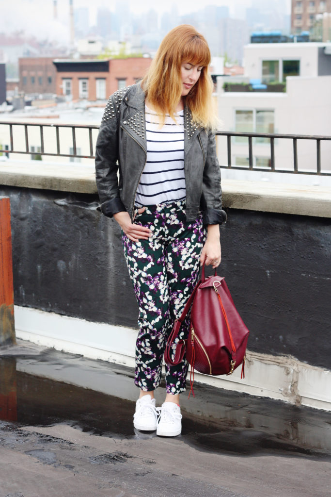 Leather jacket floral trousers ootd