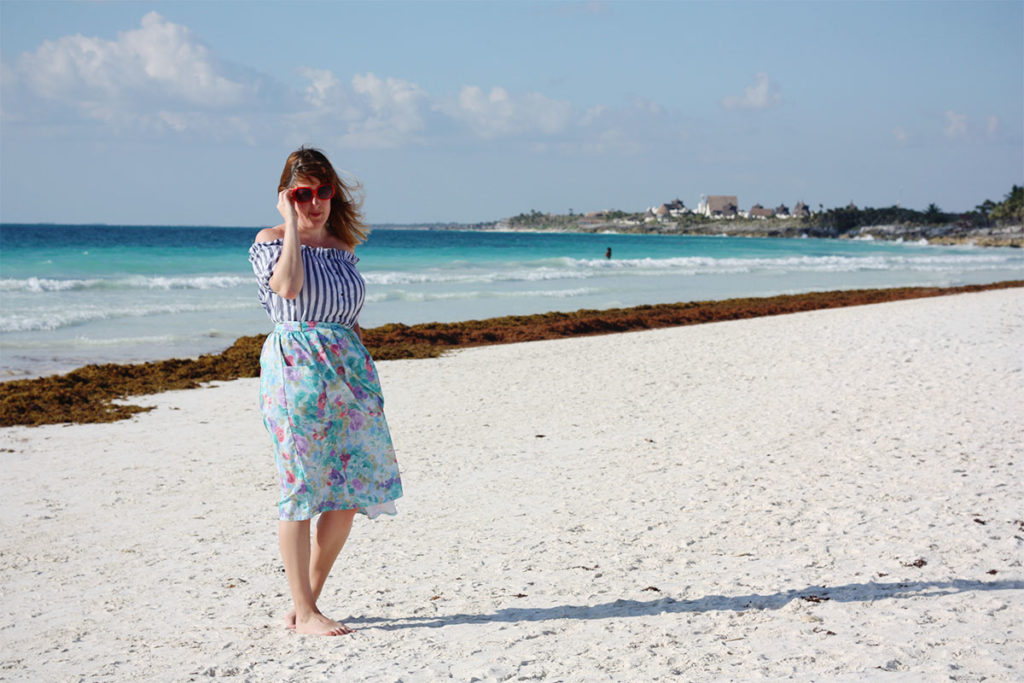 Bardot top and vintage skirt in Tulum